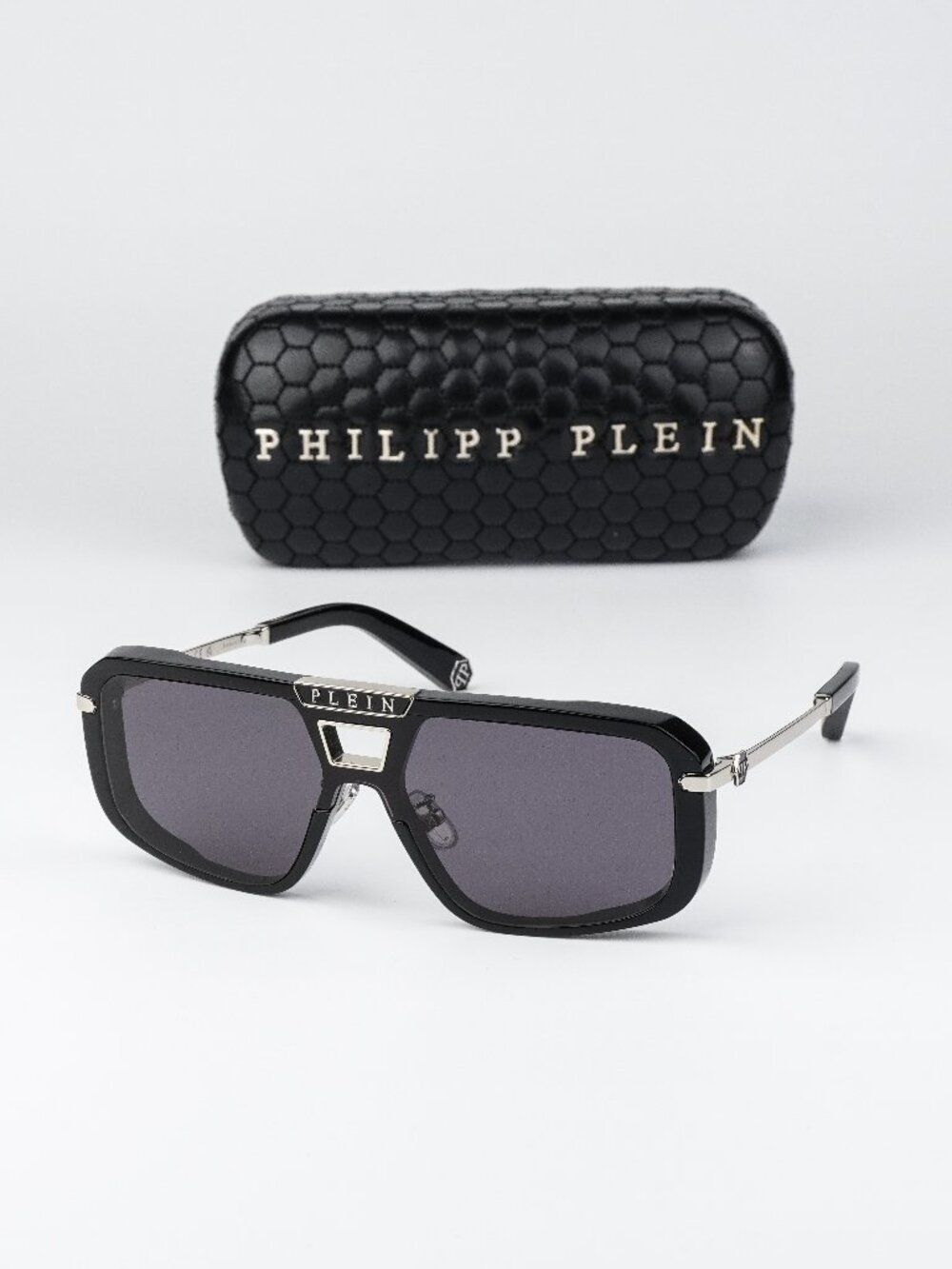Philipp Plein Men Sunglasses Black Grey Pilot SPP008M 0700 NEW AUTHENTIC